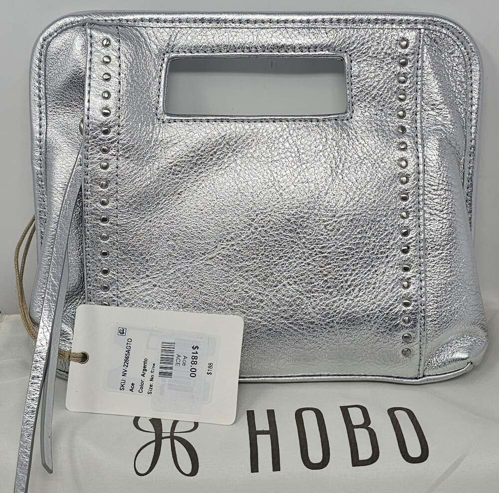 Hobo Intl ACE Clutch In Argento Silver Metallic Leather Studded NWT Dust Bag
